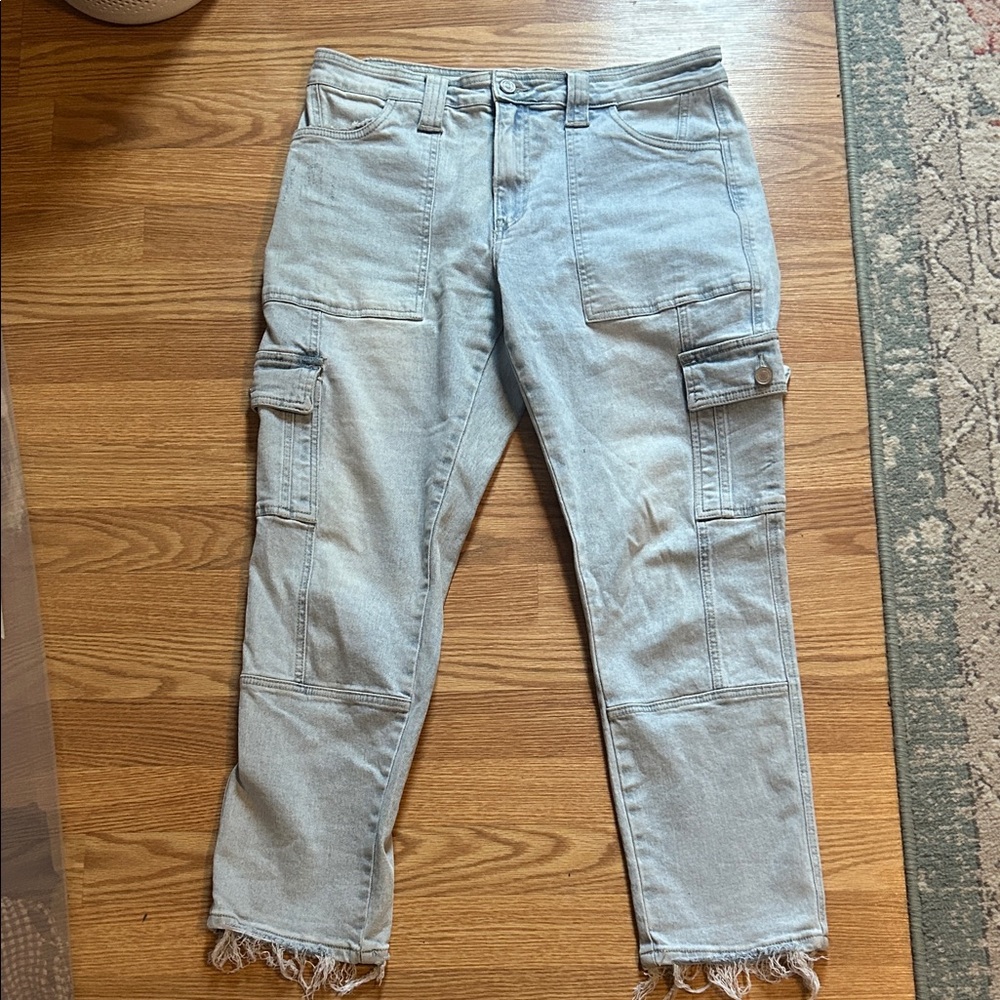 KanCan Light Blue Denim Cargo Pants with Distressed Details